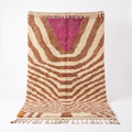 Handmade Moroccan Wool Rug Azilal Style | Caramel Wave Motif with Magenta Focal Point Atlas Carpet