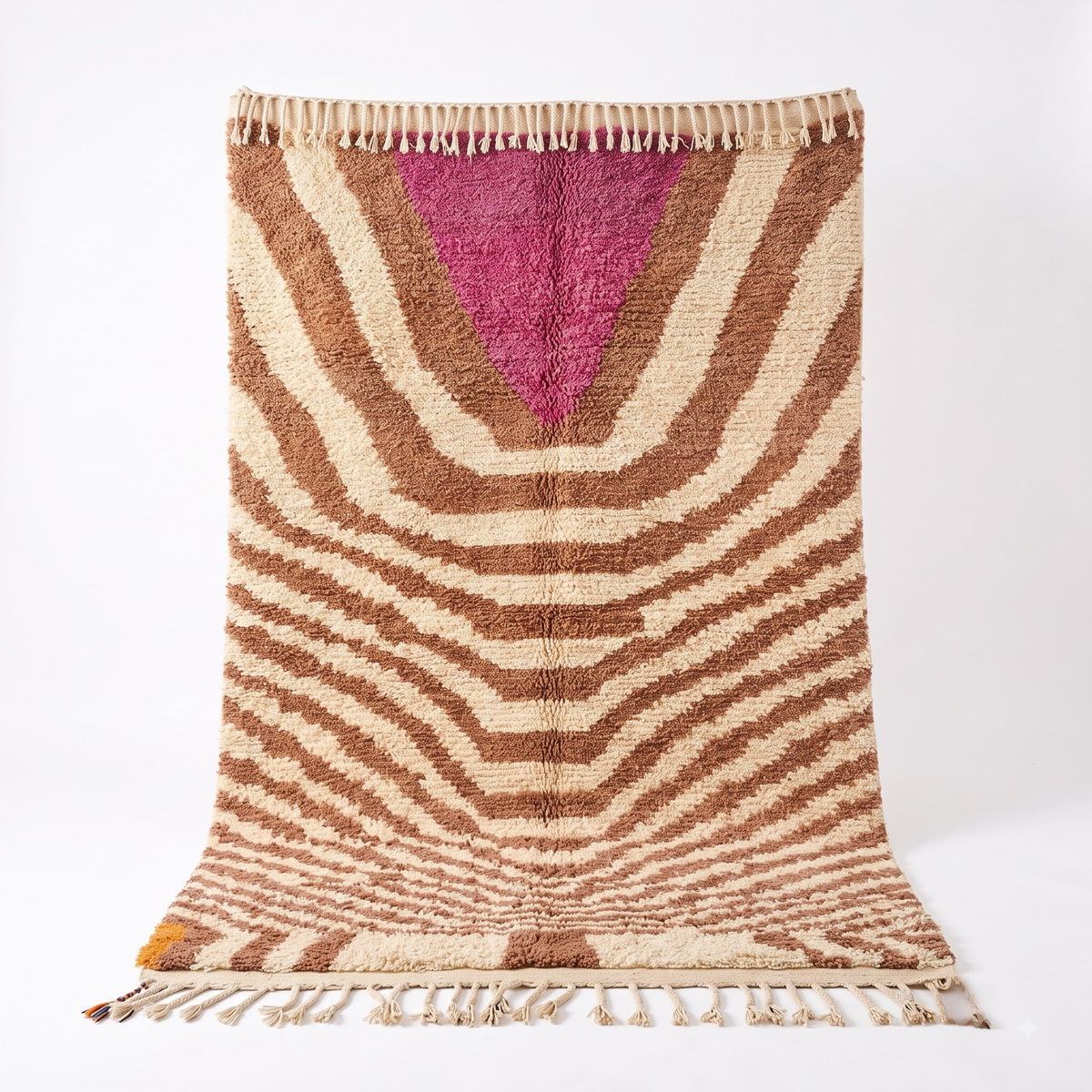 Handmade Moroccan Wool Rug Azilal Style | Caramel Wave Motif with Magenta Focal Point Atlas Carpet