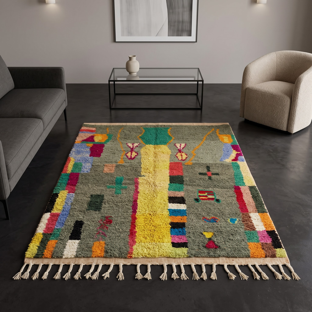 Handmade Moroccan Wool Rug Azilal Style | Sage Olive Green with Tree of Life & Berber Motifs Atlas Carpet