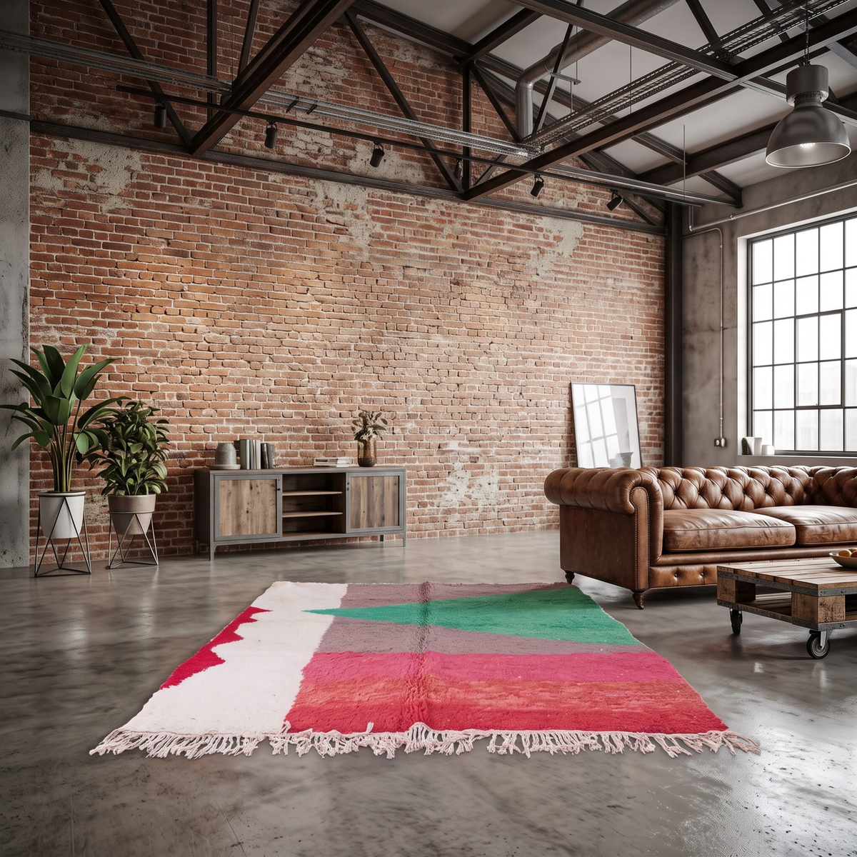 Handmade Moroccan Wool Rug Boujaad / Azilal Style | Abstract Color Block in Forest Green, Taupe & Terracotta Atlas Carpet