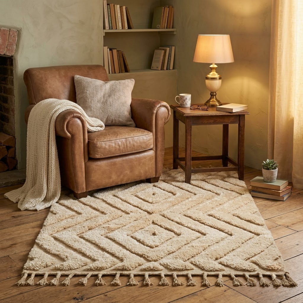 Handmade Moroccan Wool Rug Beni Ourain Style | High-Low 3D Textured Diamond & Chevron Pattern in Sand Beige