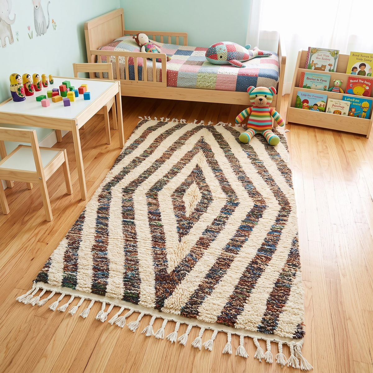 Handmade Moroccan Wool Rug Concentric Heathered Diamond Pattern | Natural Earth Tone Atlas Berber Carpet