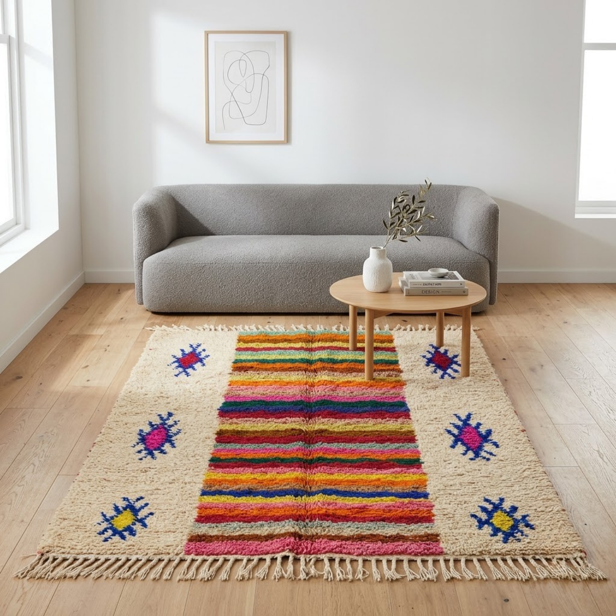 Handmade Moroccan Wool Rug Azilal Style | Multicolor Striped Center & Protective Talismans on Sand Atlas Carpet