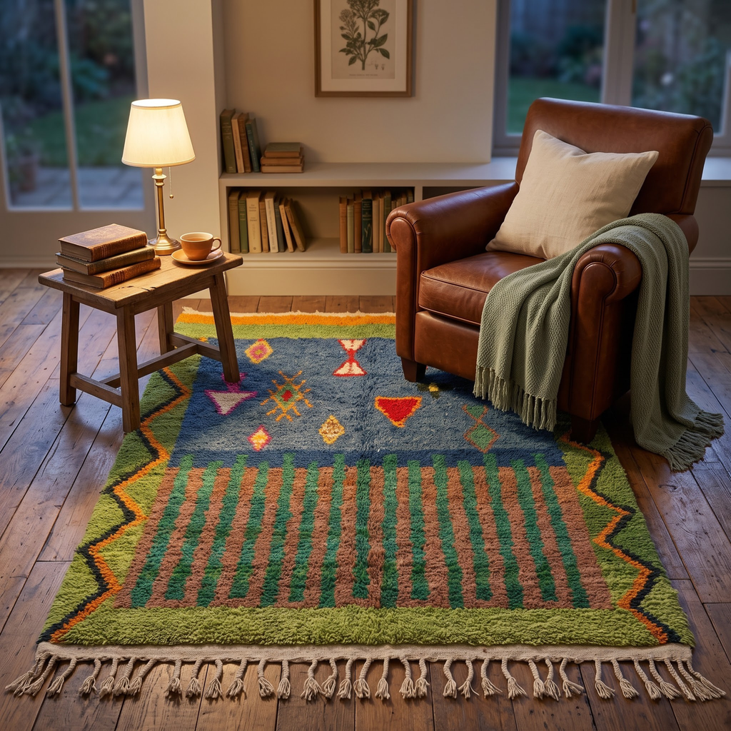 Handmade Moroccan Wool Rug Azilal Style | Starry Atlas Night Sky with Tribal Symbols in Indigo & Green