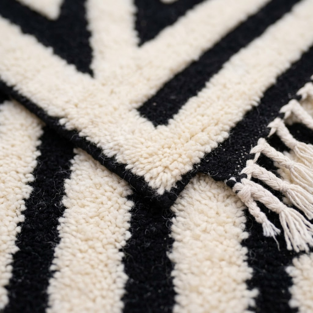 Handmade Moroccan Wool Rug Contemporary Beni Ourain Style | Black & White Striped Chevron Geometric Atlas Carpet