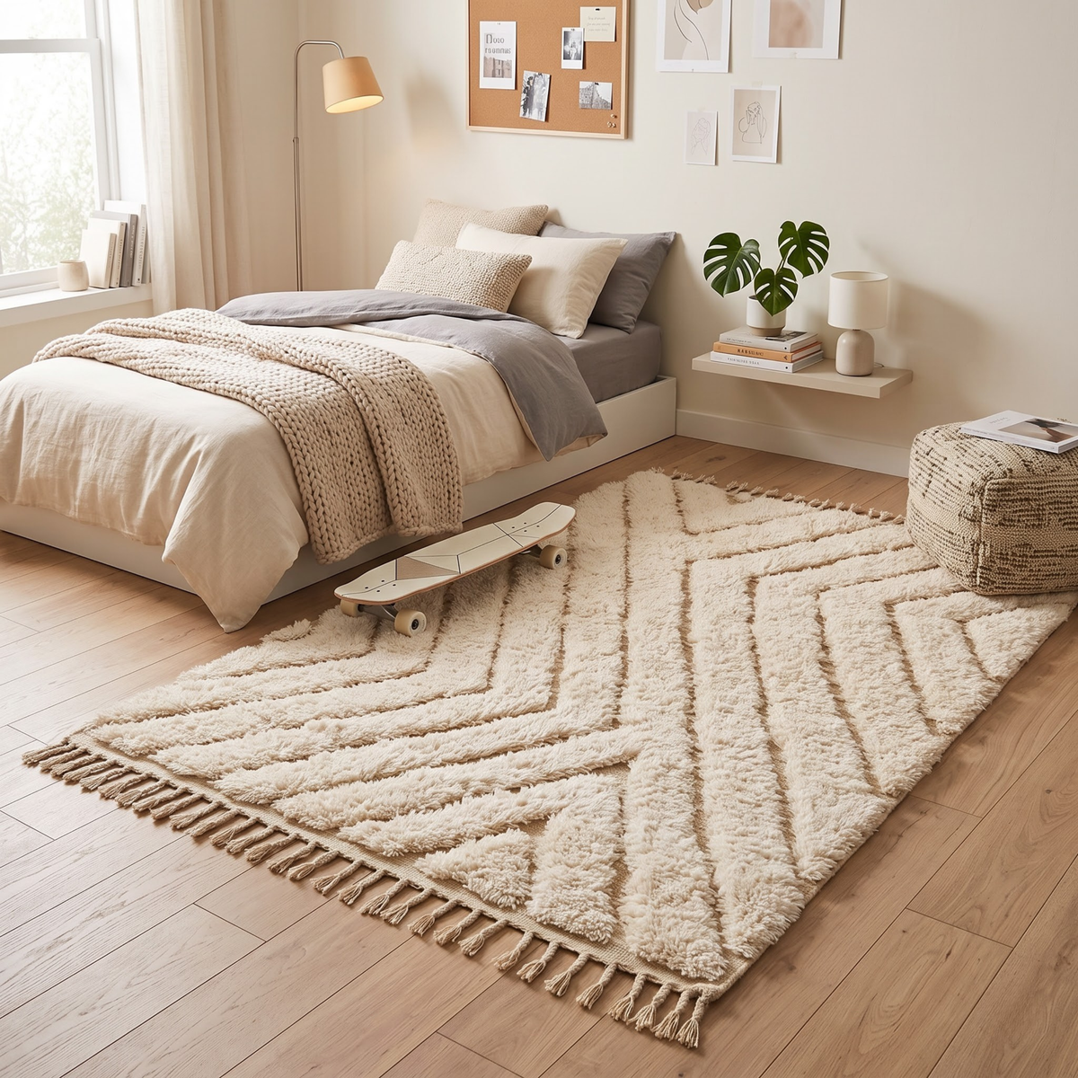 Handmade Moroccan Wool Rug Beni Ourain Style | High-Low 3D Textured Chevron Pattern in Cream & Sand