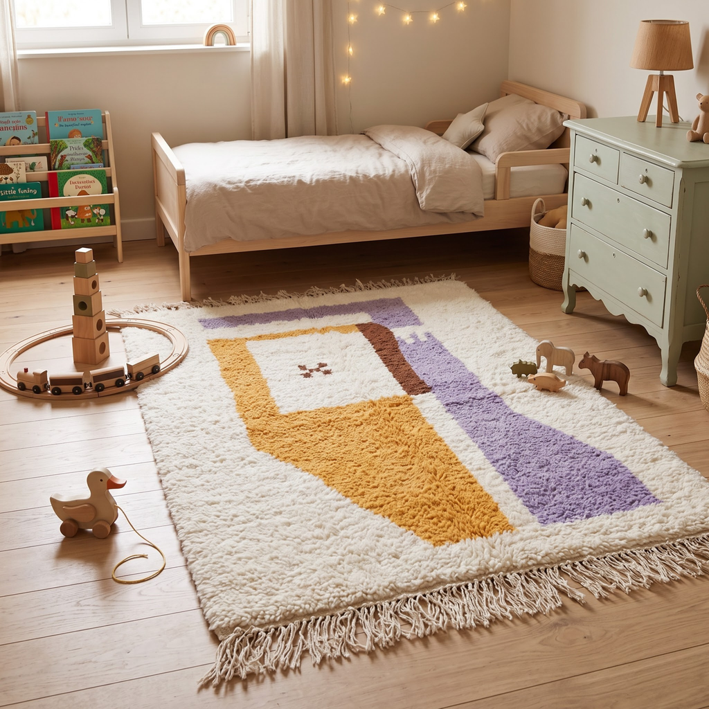 Handmade Moroccan Wool Rug Azilal Style | Abstract Minimalist Color Block in Lavender, Ochre & Cream Atlas Carpet