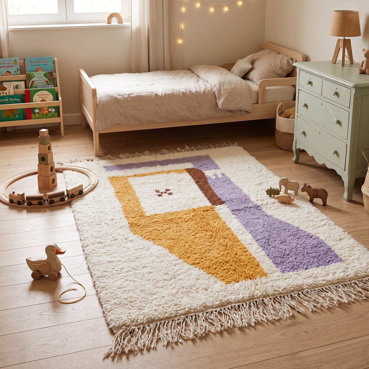 Handmade Moroccan Wool Rug Azilal Style | Abstract Minimalist Color Block in Lavender, Ochre & Cream Atlas Carpet