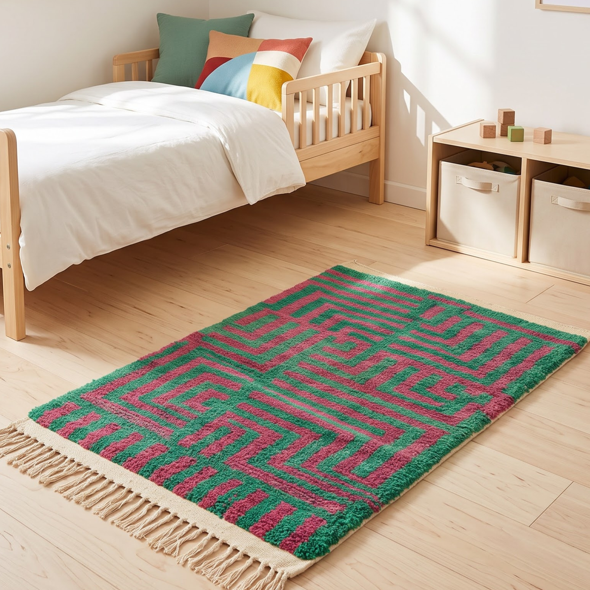 Handmade Moroccan Wool Rug Boujaad / Azilal Style | Emerald Green & Magenta Geometric Maze Atlas Carpet