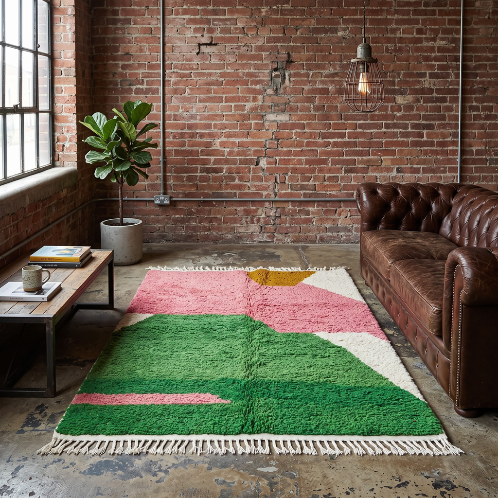 Handmade Moroccan Wool Rug Azilal Style | Abstract Organic Color Block in Blush Pink, Green & Mustard Atlas Carpet