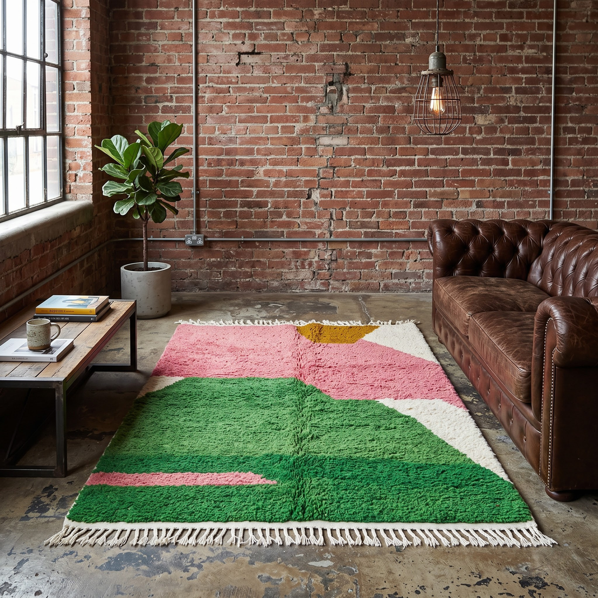 Handmade Moroccan Wool Rug Azilal Style | Abstract Organic Color Block in Blush Pink, Green & Mustard Atlas Carpet