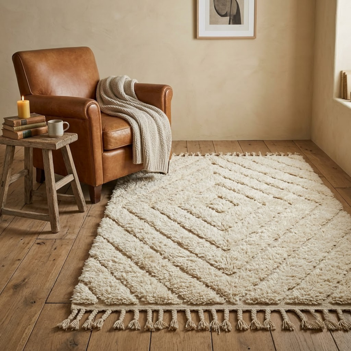 Handmade Moroccan Wool Rug Beni Ourain Style | High-Low 3D Concentric Diamond Pattern in Sand Beige & Ivory