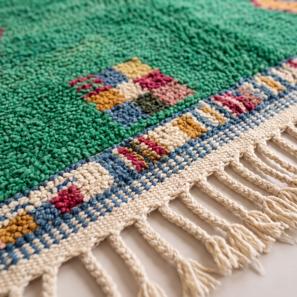 Handmade Moroccan Wool Rug Azilal Style | Emerald Green with Multicolor Tribal Berber Symbols Atlas Carpet