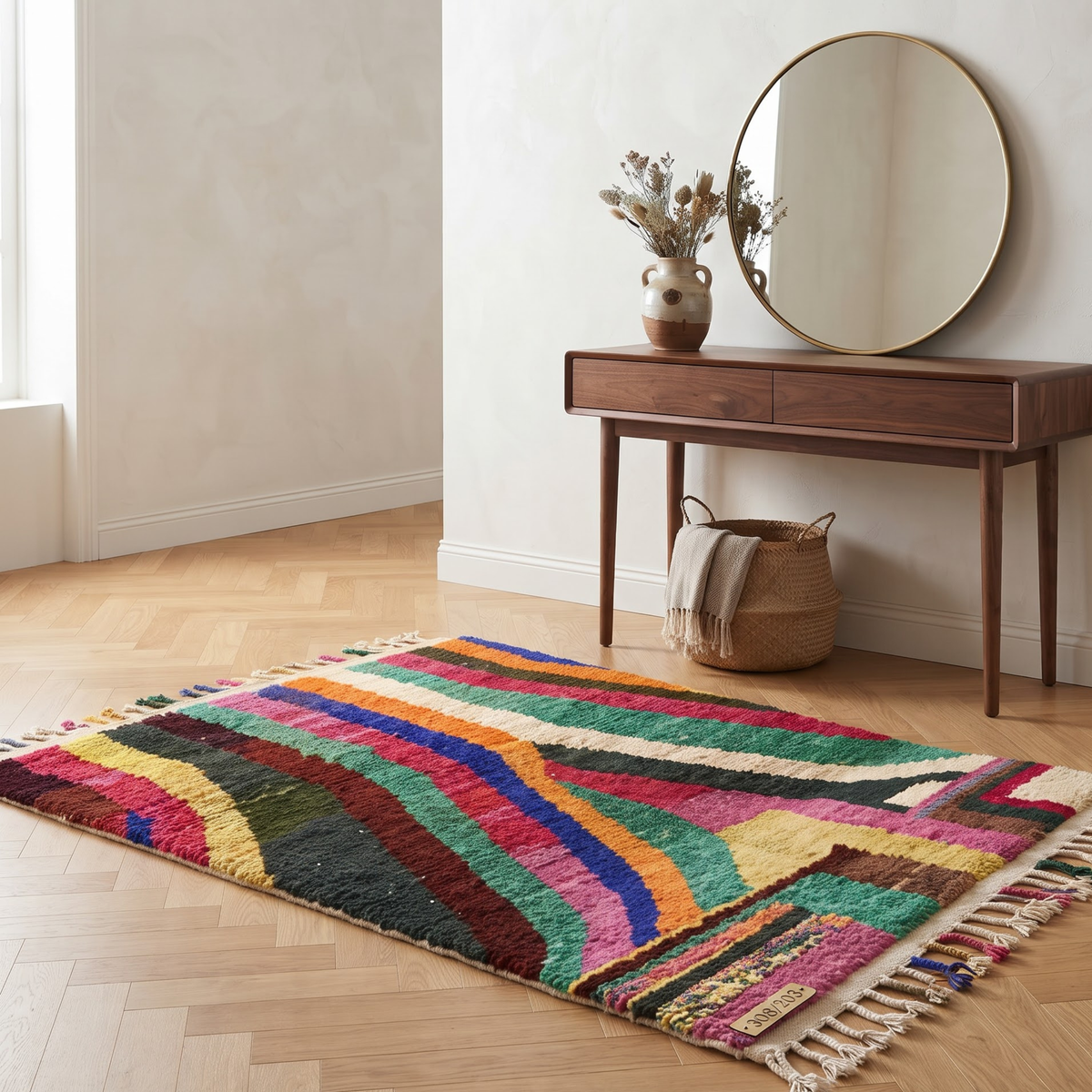 Handmade Moroccan Wool Rug Azilal Style | Vibrant Multicolor Striped & Color Block Atlas Carpet