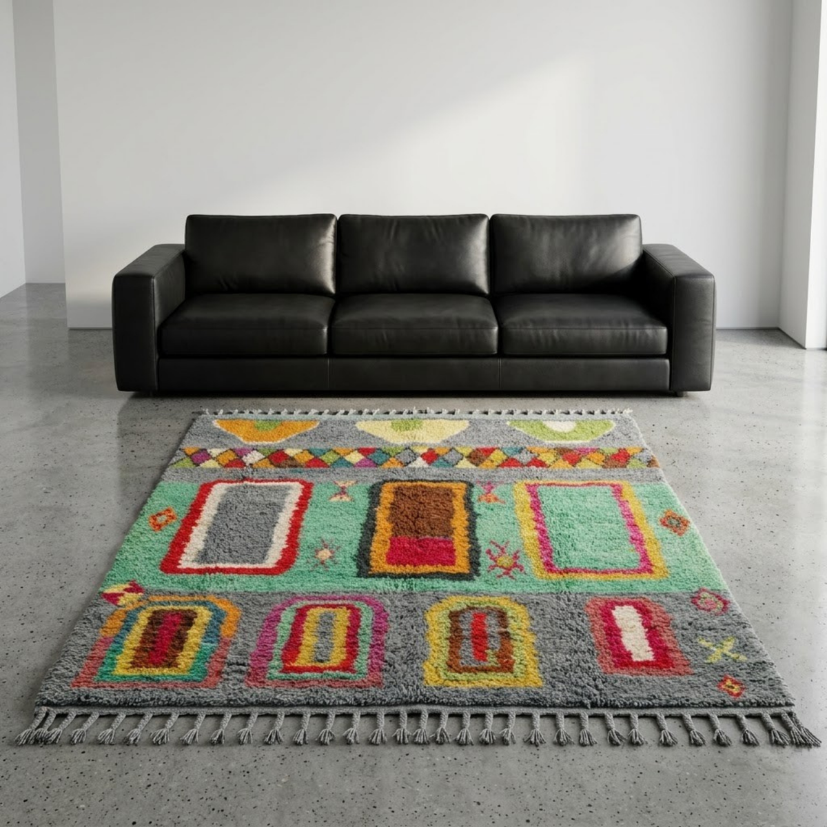 Handmade Moroccan Wool Rug Azilal Style | Architectural Portals & Arches in Slate Grey & Mint Green Atlas Carpet