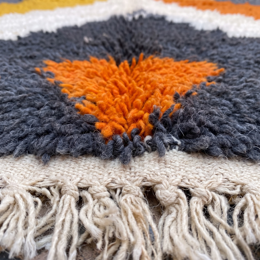 Handmade Moroccan Wool Rug Azilal Style | Stepped Geometric Diamond in Terracotta, Mustard & Slate Grey Atlas Carpet