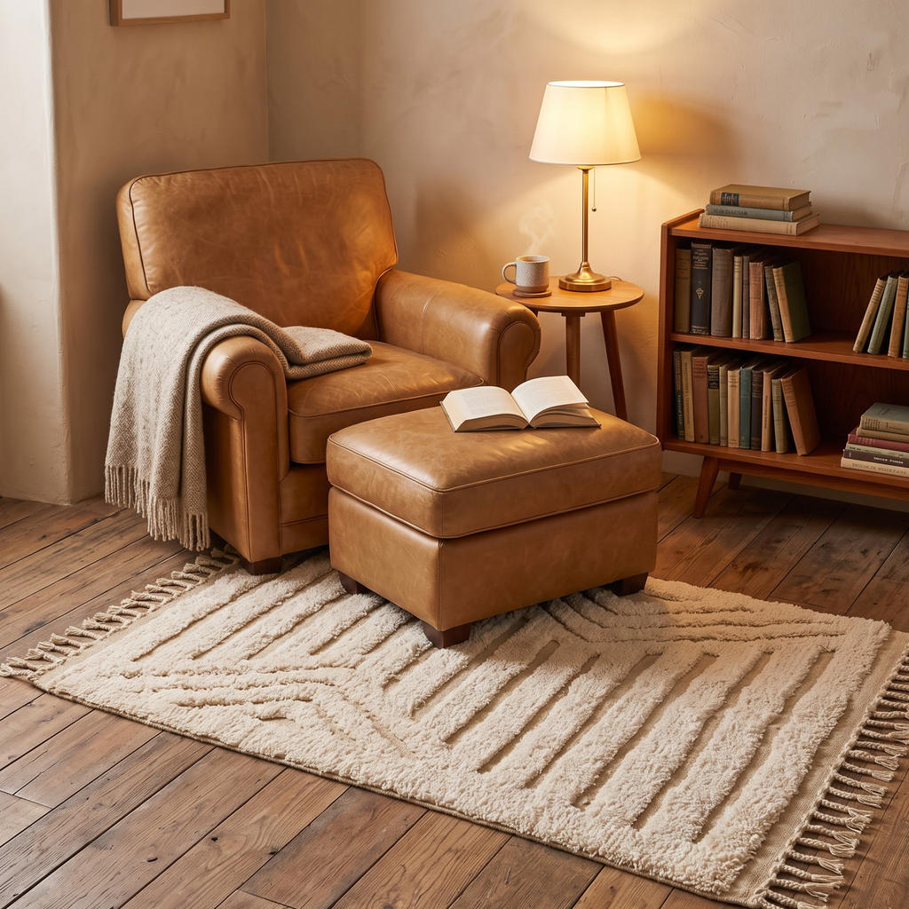 Handmade Moroccan Wool Textured Rug | High-Low Geometric Cream & Sand Atlas Berber Carpet