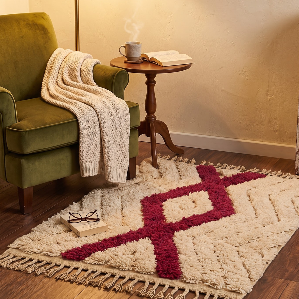Handmade Moroccan Textured Wool Rug with Ruby Red Diamond | High-Low Atlas Berber Carpet