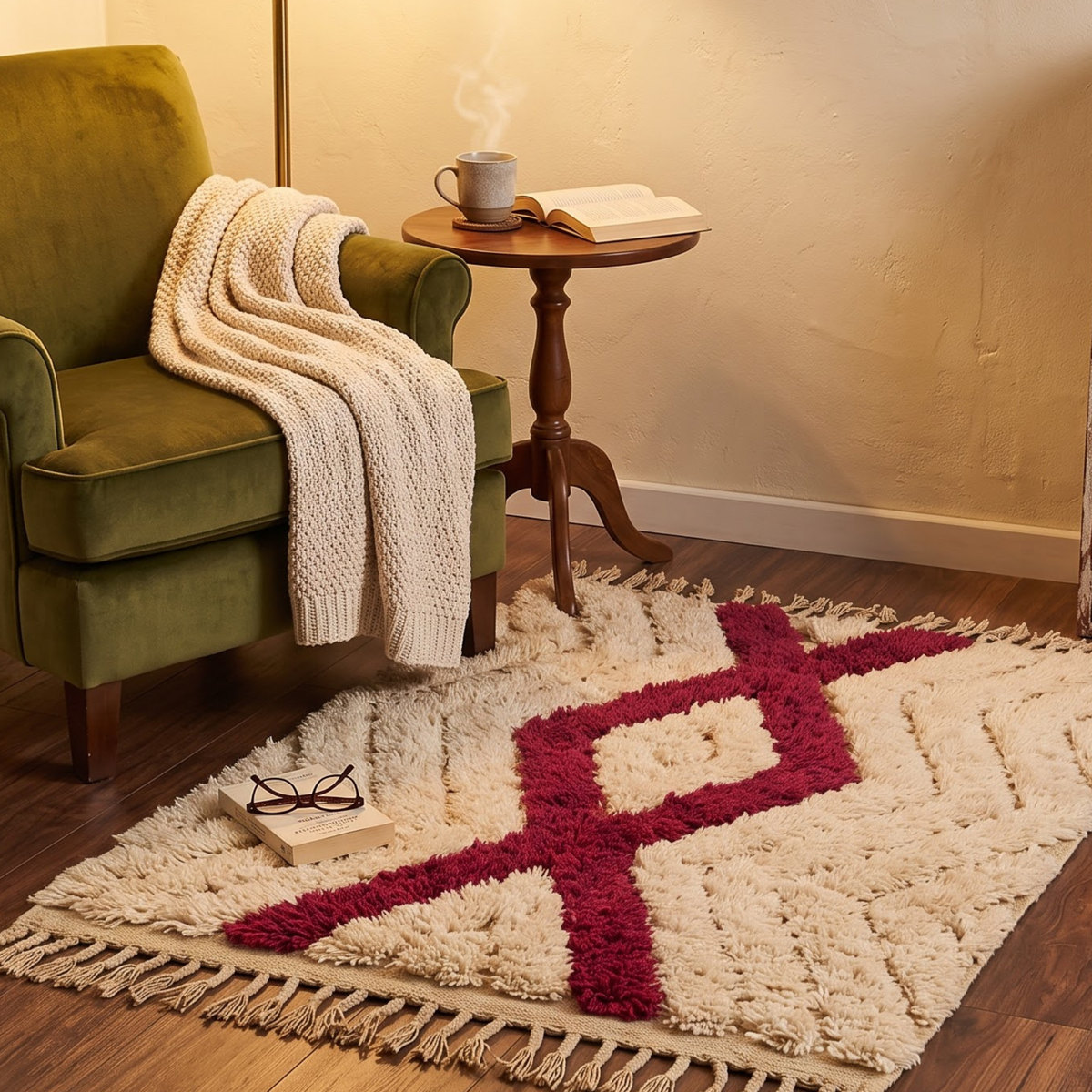 Handmade Moroccan Textured Wool Rug with Ruby Red Diamond | High-Low Atlas Berber Carpet