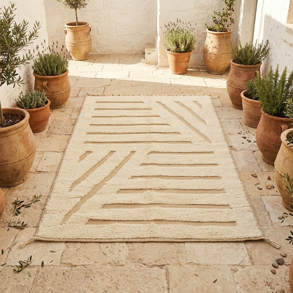 Handmade Moroccan Wool Rug Beni Ourain Style | High-Low 3D Geometric Linear Pattern in Cream & Sand