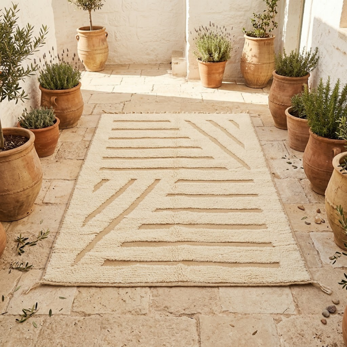 Handmade Moroccan Wool Rug Beni Ourain Style | High-Low 3D Geometric Linear Pattern in Cream & Sand