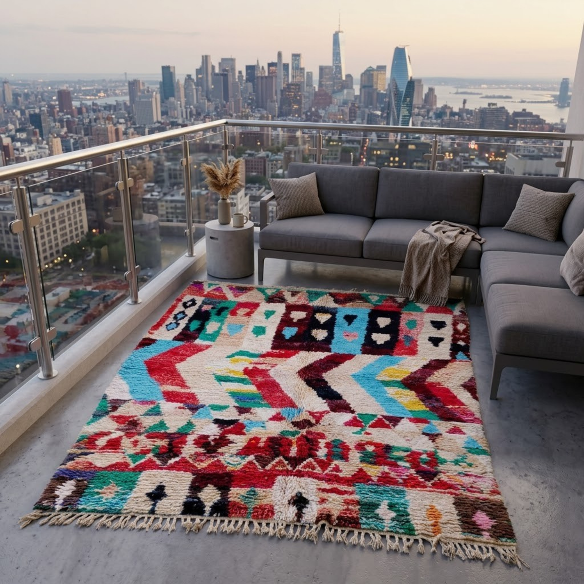 Handmade Moroccan Wool Rug Azilal Style | Vibrant Multicolor Tribal Chevron & Talisman Atlas Carpet