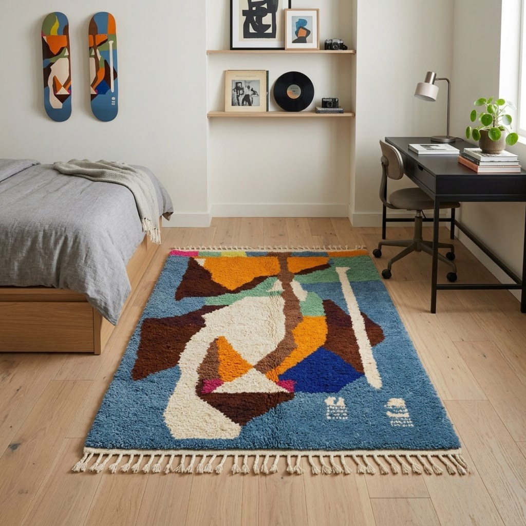 Handmade Moroccan Wool Rug Azilal Style | Abstract Cubist Art Composition in Denim Blue, Ochre & Sage Atlas Carpet