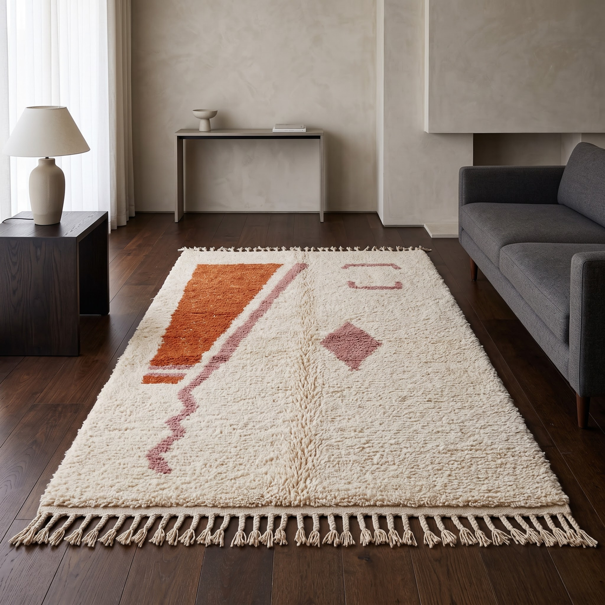 Handmade Moroccan Wool Rug Minimalist Azilal Style | Abstract Geometric Motifs in Terracotta & Dusty Pink Atlas Carpet