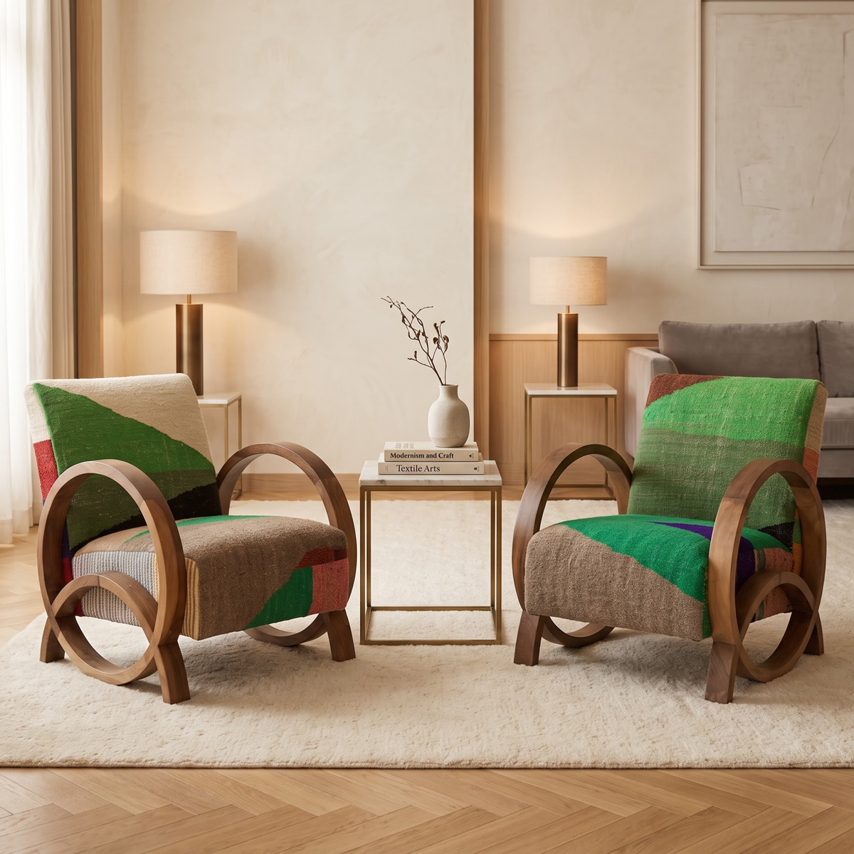 Handmade Moroccan Solid Walnut Bentwood Armchair – Emerald Green Kilim Fabric