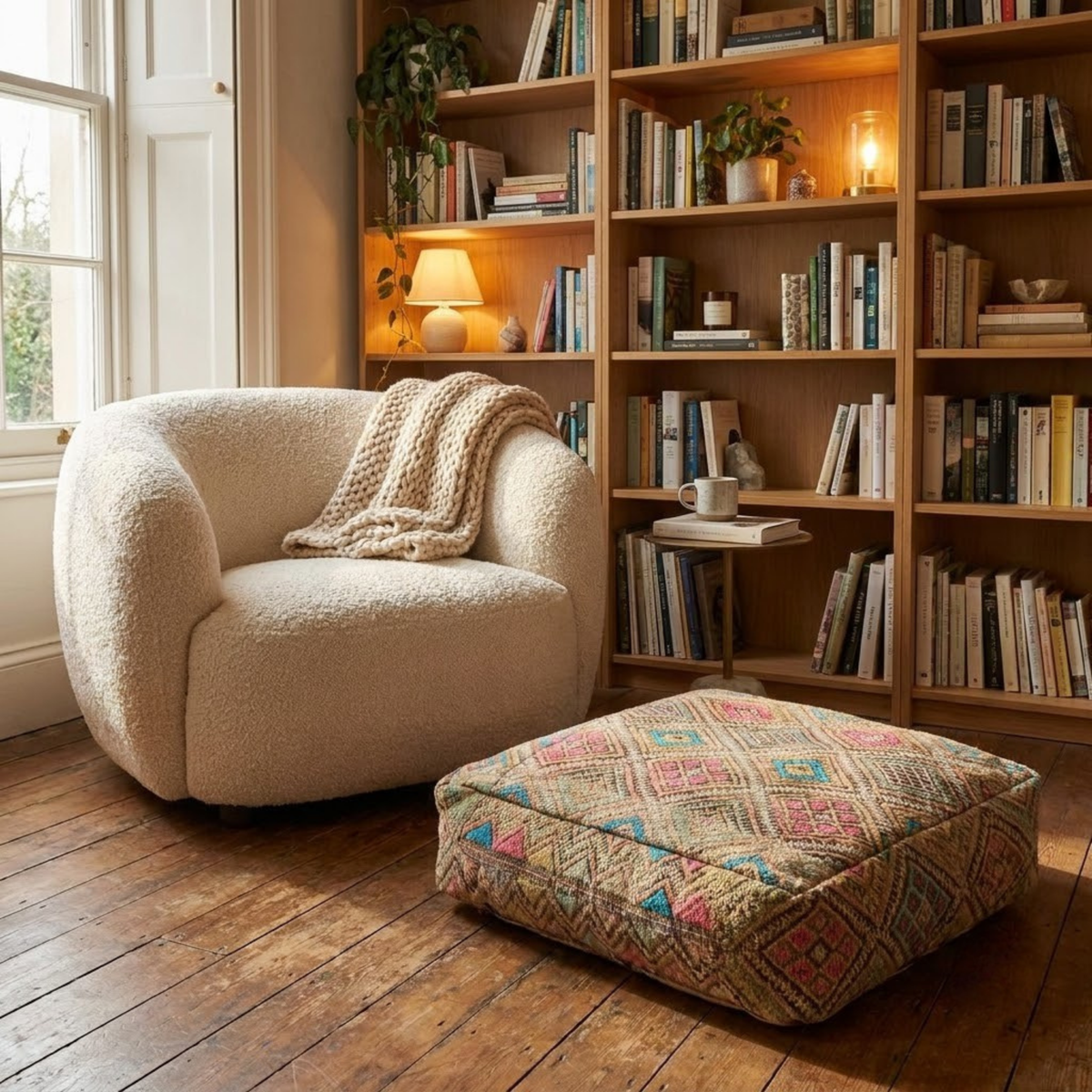 Vintage Geometric Kilim Berber Floor Pouf 60x60x20 cm – Handmade Moroccan Square Cushion with Pastel Diamond Grid