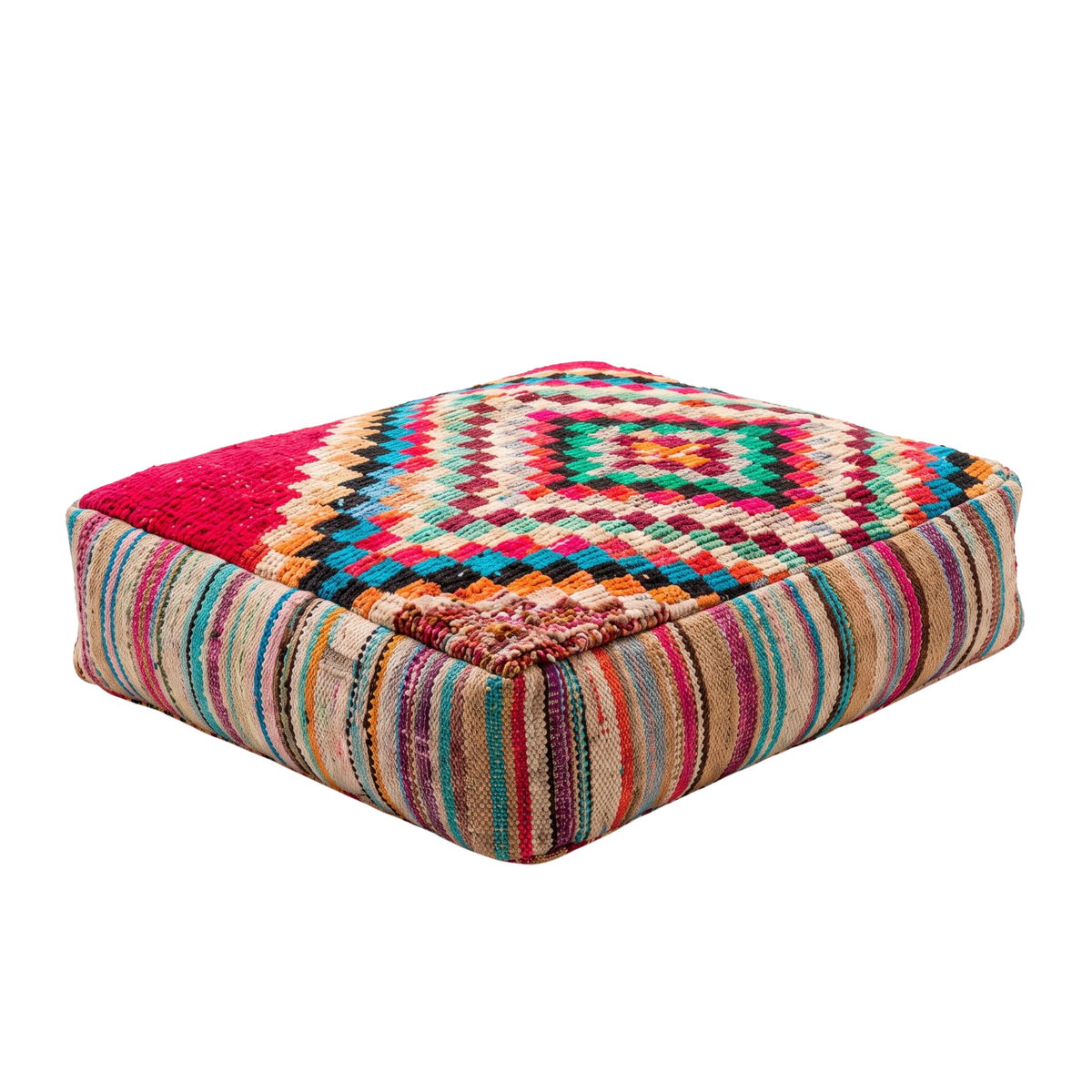 Multicolor Boujad Berber Floor Pouf 60x60x20 cm – Handmade Moroccan Square Cushion with Concentric Diamond Mosaic and Striped Sides