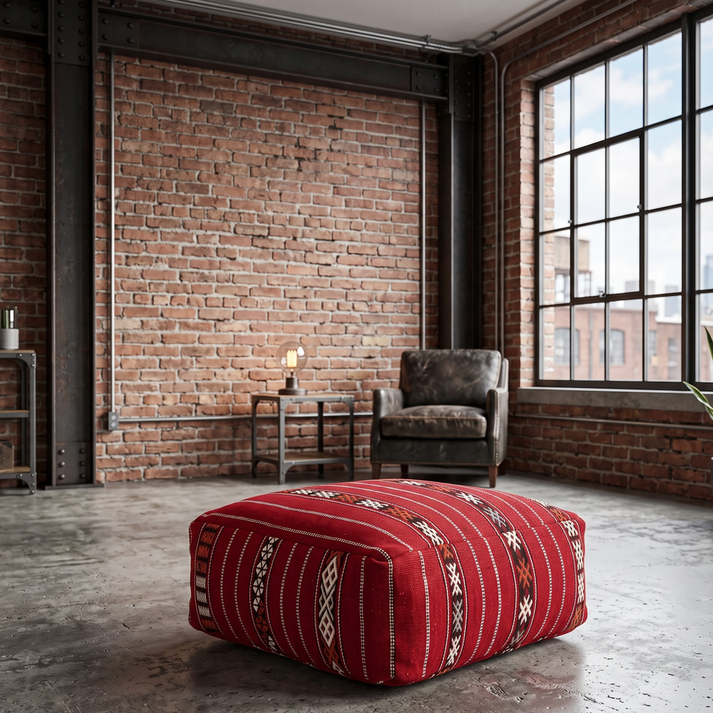 Crimson Red Kilim Berber Floor Pouf 60x60x20 cm – Handmade Moroccan Square Cushion with Tribal Geometric Motifs