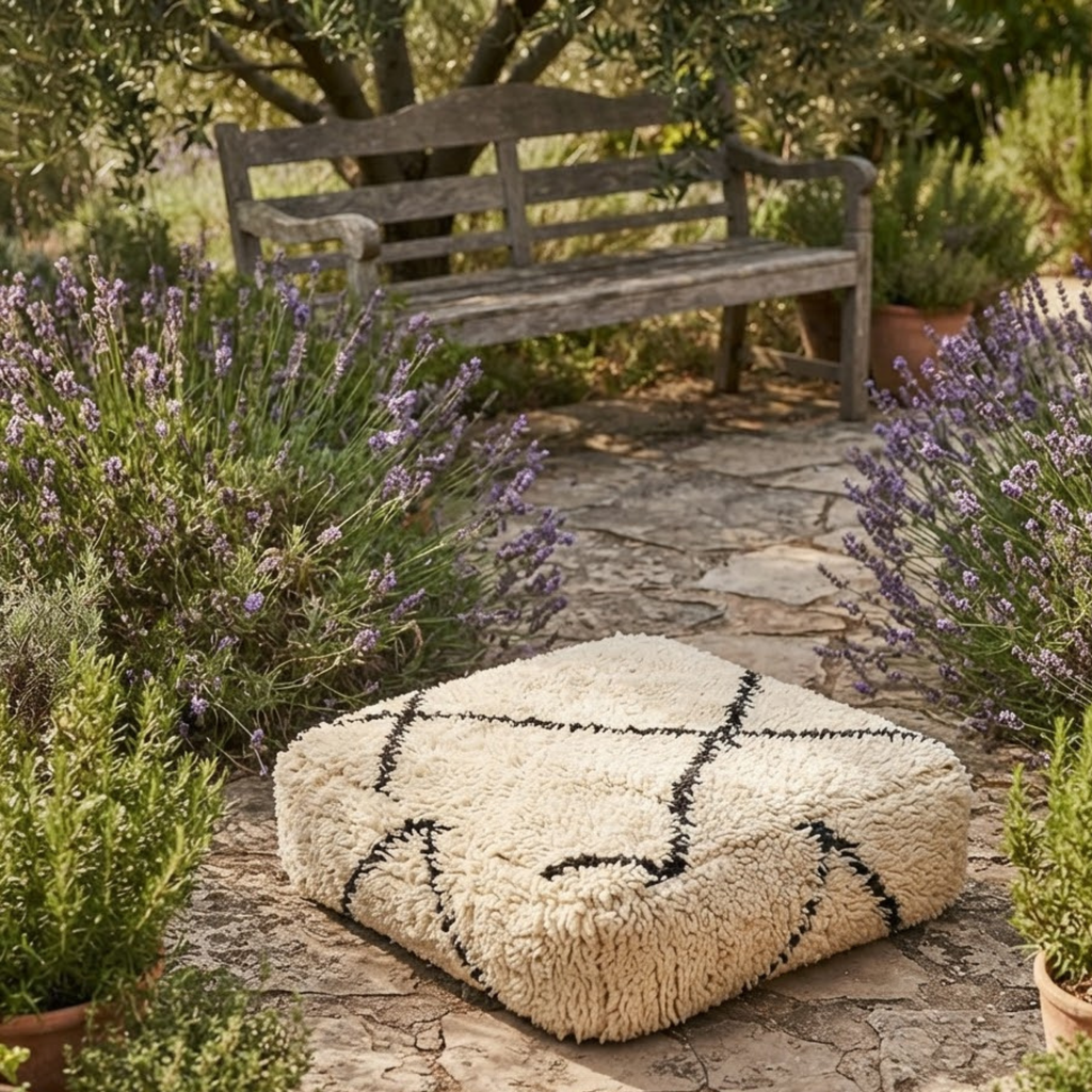 Beni Ourain Berber Floor Pouf 60x60x20 cm – Authentic Handmade Moroccan Shaggy Wool Cushion in Cream and Charcoal Black
