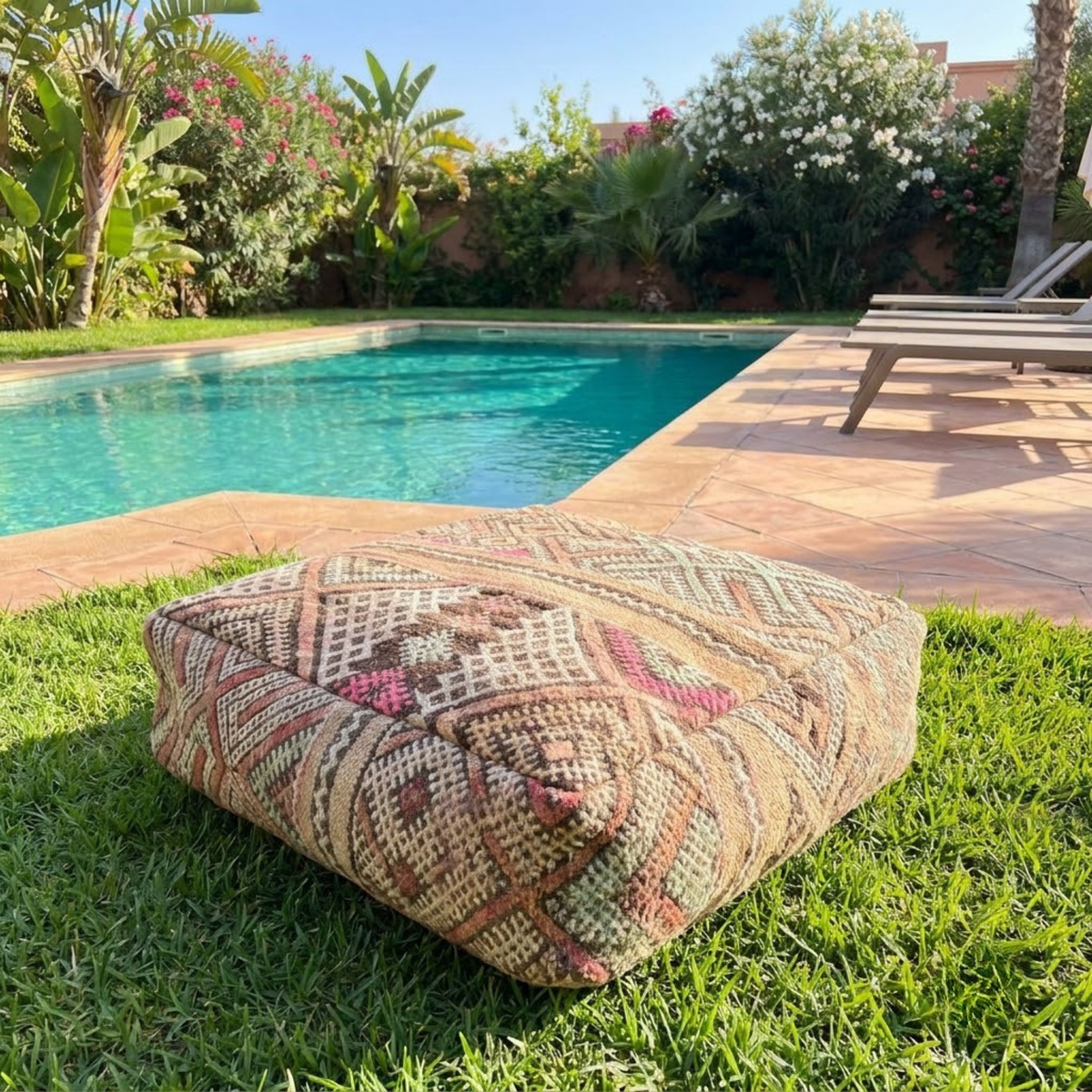 Vintage Sand Kilim Berber Floor Pouf 60x60x20 cm – Handmade Moroccan Square Cushion with Tribal Lattice Mosaic and Pastel Accents