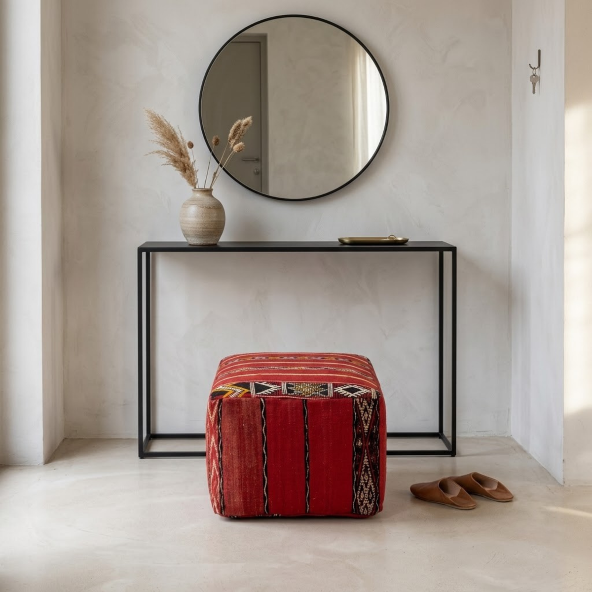 Ruby Red Kilim Berber Floor Pouf 45x45 cm – Authentic Handmade Moroccan Cube Ottoman with Tribal Geometric Bands