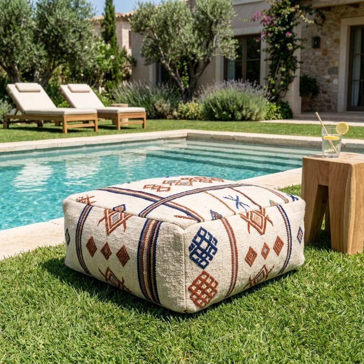 Embroidered Cream Berber Floor Pouf 60x60x20 cm – Handmade Moroccan Square Cushion with Terracotta and Indigo Amazigh Motifs