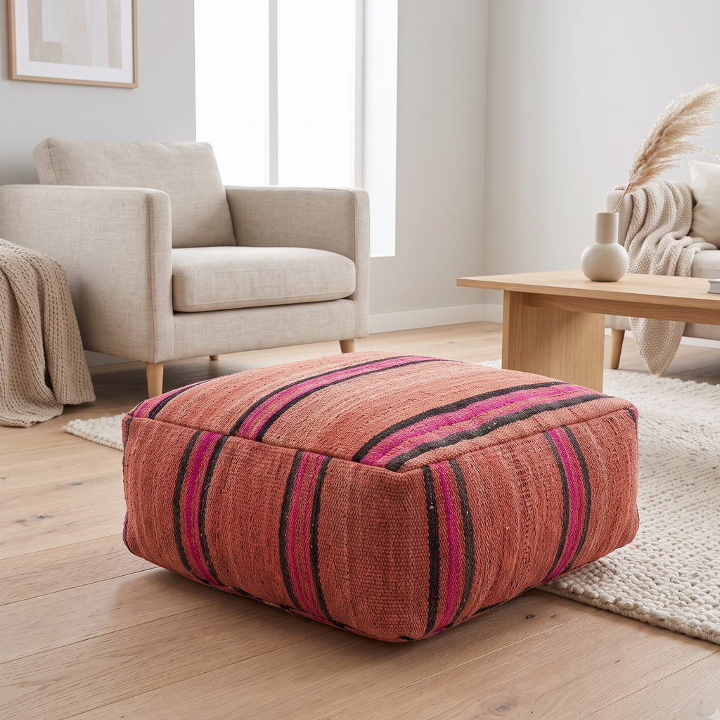 Square Kilim Berber Floor Pouf 60x60x20 cm – Handmade Moroccan Terracotta and Magenta Striped Ottoman