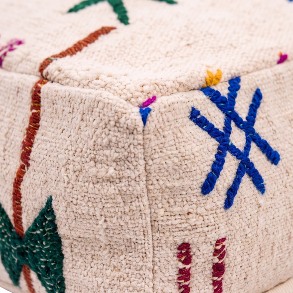 Embroidered Berber Floor Pouf 60x60x20 cm – Handmade Moroccan Cream Wool Floor Cushion with Multicolor Amazigh Symbols