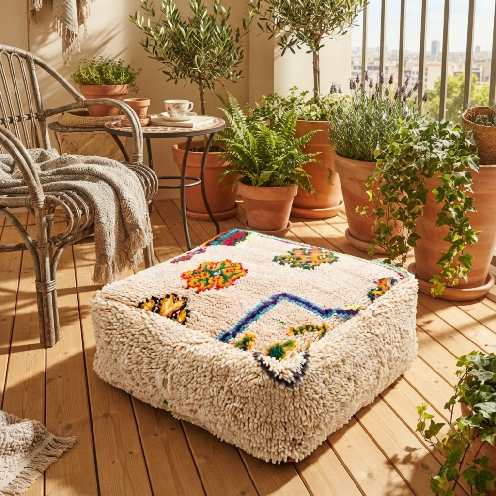 Multicolor Azilal Berber Floor Pouf 60x60x20 cm – Authentic Handmade Moroccan Cream Wool Cushion with High-Pile Shaggy Sides