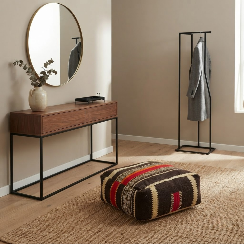 Dark Brown Kilim Berber Floor Pouf 60x60x20 cm – Handmade Moroccan Square Cushion with Cream Stripes and Warm Orange Band