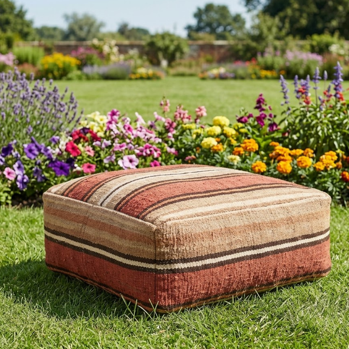 Earth Tone Striped Kilim Berber Floor Pouf 60x60x20 cm – Handmade Moroccan Square Terracotta and Beige Cushion
