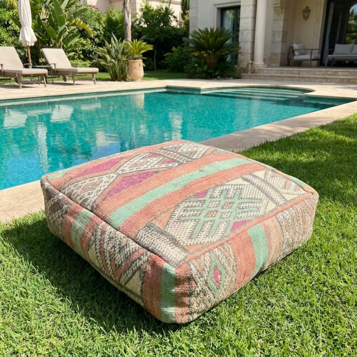 Vintage Pastel Kilim Berber Floor Pouf 60x60x20 cm – Handmade Moroccan Square Cushion with Peach, Mint Stripes and Diamond Medallions