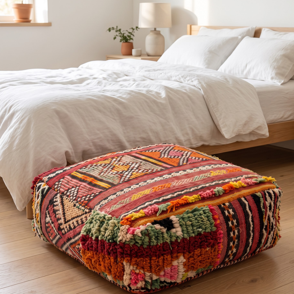 Vintage Boujad Berber Floor Pouf 60x60x20 cm – Handmade Moroccan Kilim and High-Pile Wool Square Cushion
