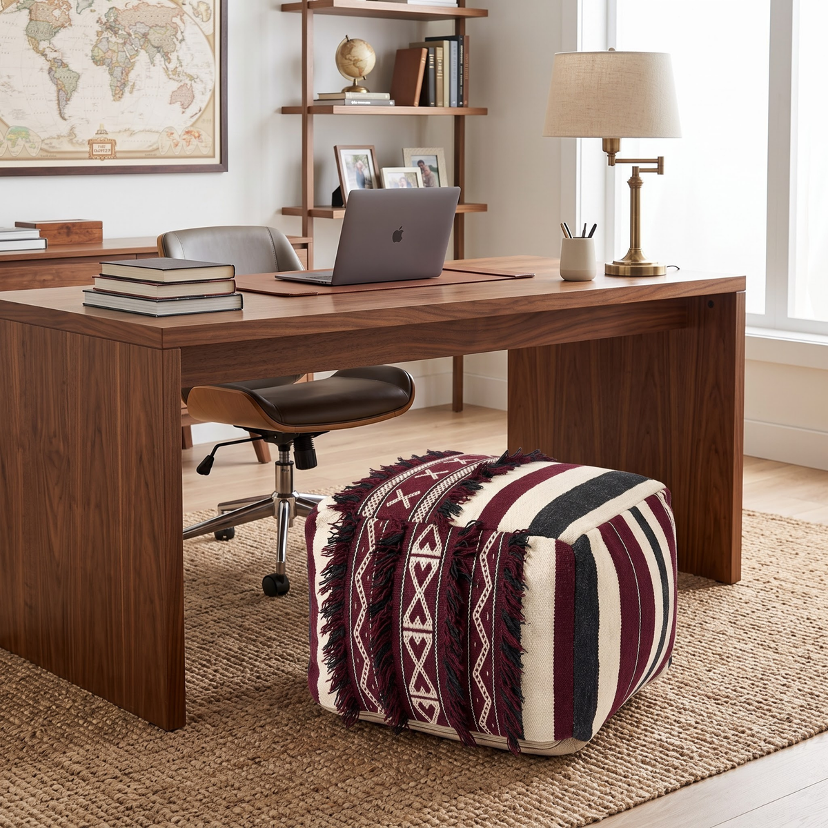 Burgundy and Cream Berber Floor Pouf with Black Fringe 45x45 cm – Authentic Handmade Moroccan Cube Ottoman