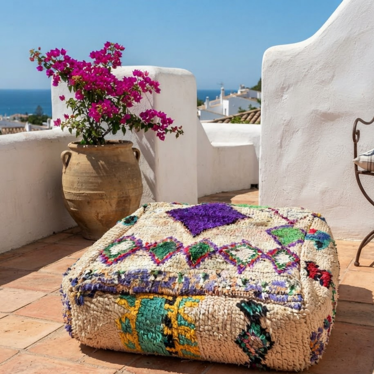 Vintage Shaggy Boujad Berber Floor Pouf 60x60x20 cm – Authentic Handmade Moroccan High-Pile Wool Cushion with Purple Diamond