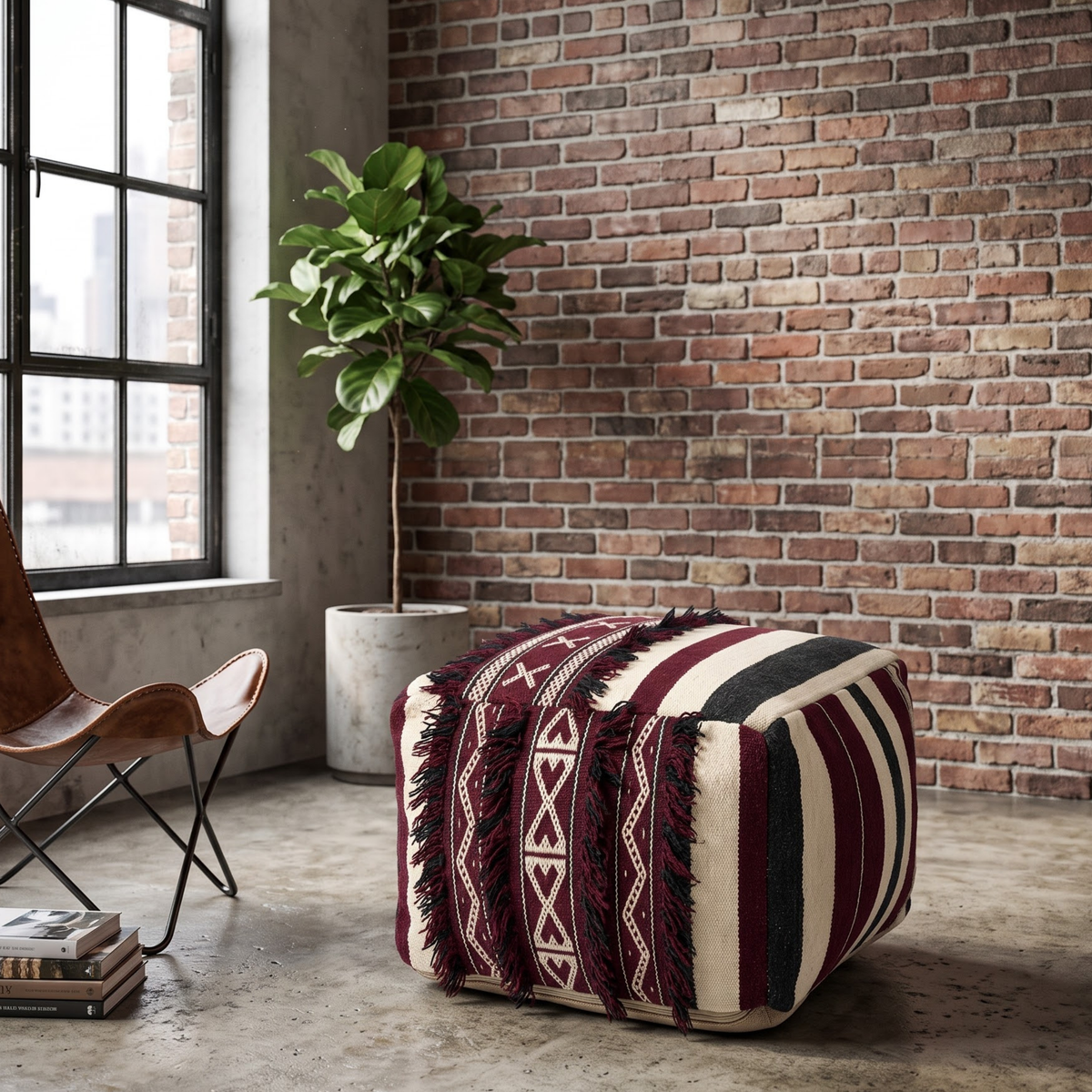 Burgundy and Cream Berber Floor Pouf with Black Fringe 45x45 cm – Authentic Handmade Moroccan Cube Ottoman
