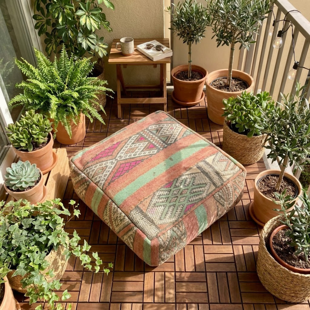 Vintage Pastel Kilim Berber Floor Pouf 60x60x20 cm – Handmade Moroccan Square Cushion with Peach, Mint Stripes and Diamond Medallions
