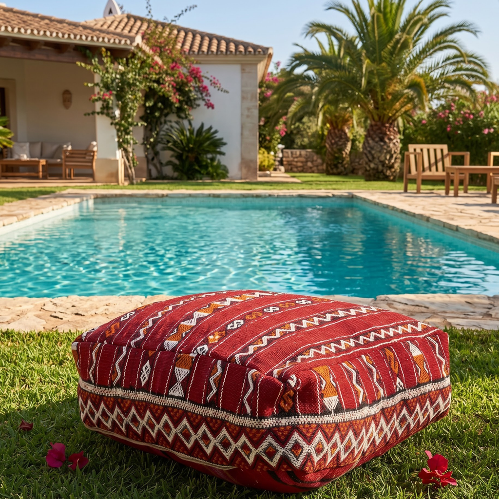 Deep Maroon Kilim Berber Floor Pouf 60x60x20 cm – Authentic Handmade Moroccan Floor Cushion with Tribal Diamond Border