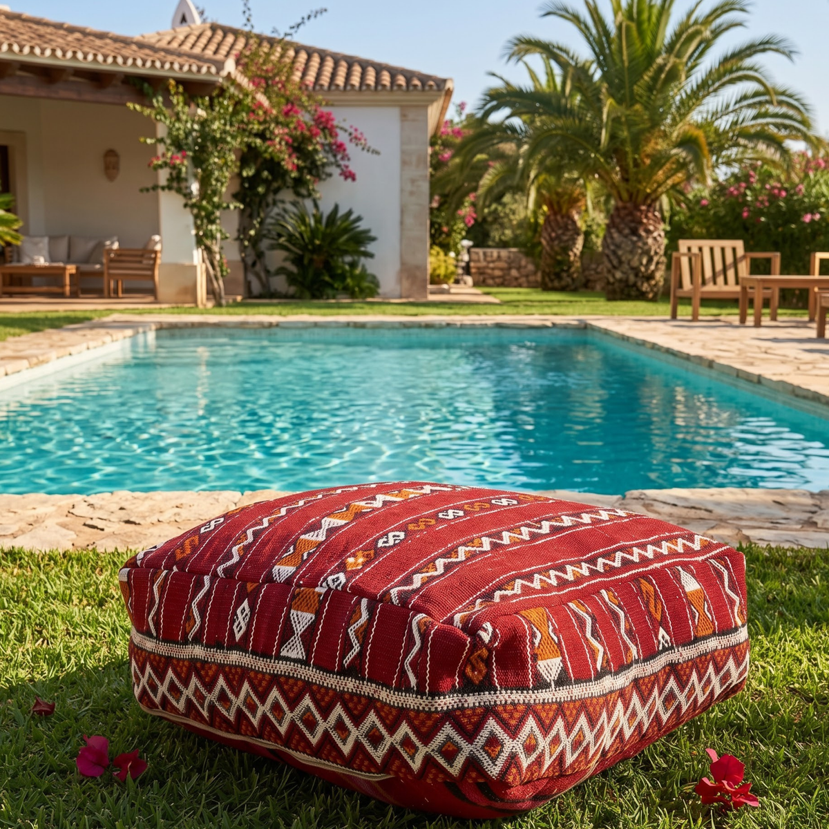 Deep Maroon Kilim Berber Floor Pouf 60x60x20 cm – Authentic Handmade Moroccan Floor Cushion with Tribal Diamond Border