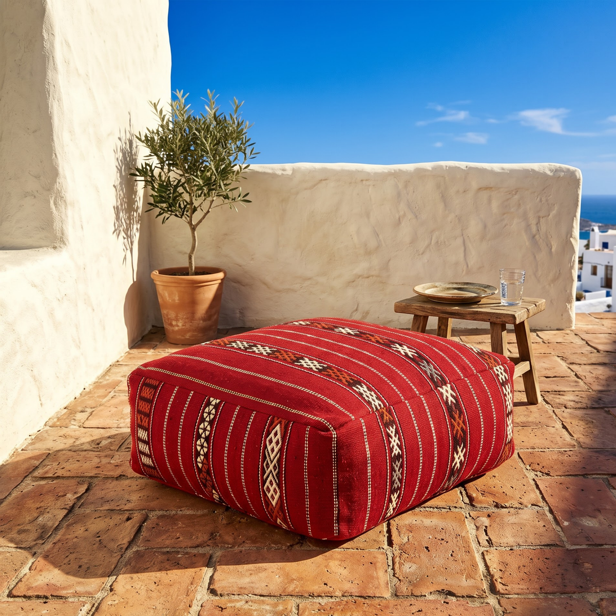 Crimson Red Kilim Berber Floor Pouf 60x60x20 cm – Handmade Moroccan Square Cushion with Tribal Geometric Motifs